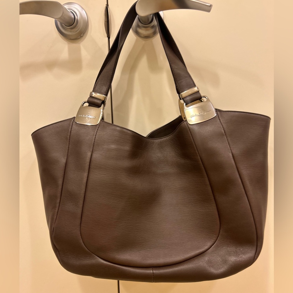 Salvatore Ferragamo Dark Brown Leather Shoulder Tote with Gold Hardware